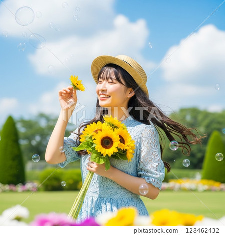 A young woman smiling while touching a flower in a sunflower field under a blue sky. Dress, bouquet, straw hat, summer scene 128462432
