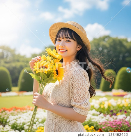 A young woman smiling while touching a flower in a sunflower field under a blue sky. Dress, bouquet, straw hat, summer scene 128462433