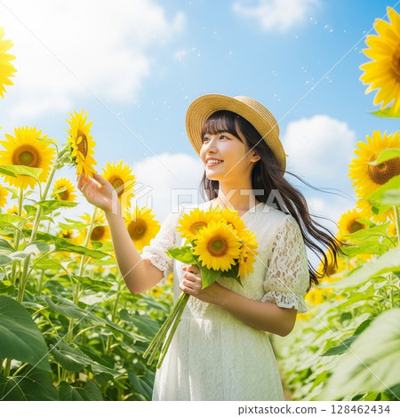 A young woman smiling while touching a flower in a sunflower field under a blue sky. Dress, bouquet, straw hat, summer scene 128462434