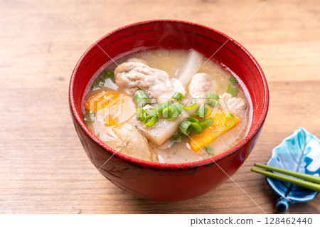 Miso soup with pork and vegetables Miso soup with pork and vegetables 128462440