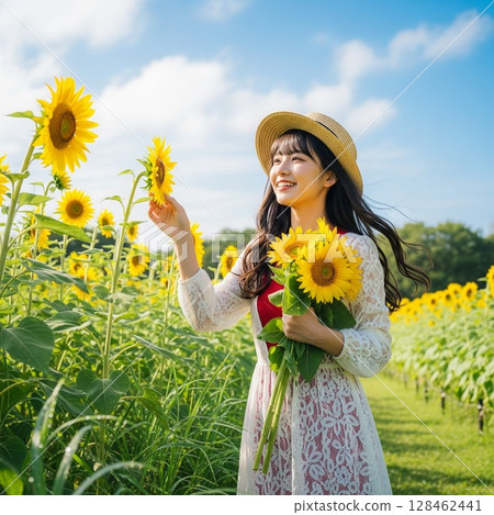 A young woman smiling while touching a flower in a sunflower field under a blue sky. Dress, bouquet, straw hat, summer scene 128462441