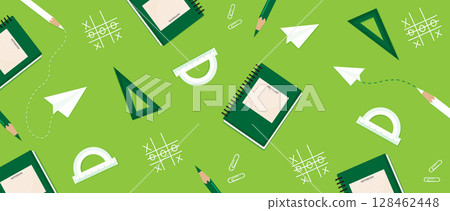 Green School Background with Notebooks and Stationery Flat Vector Illustration. Green School Background with Notebooks and Stationery Flat Vector Illustration. 128462448