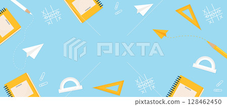 Back to School Flat Banner with Study Supplies and Doodles. 128462450