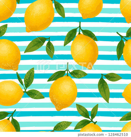 Seamless vector pattern with bright yellow lemons and green leaves on a striped blue and white background. Perfect for summer designs, food-themed packaging, kitchen decor 128462510