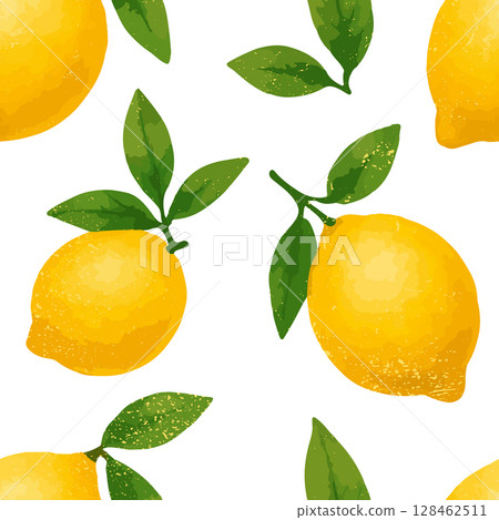 Seamless vector pattern with fresh yellow lemons and green leaves on a white background. Perfect for summer designs, healthy food concepts 128462511