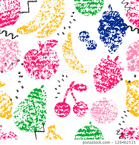Seamless vector abstract fruit pattern in pop art style with rough grunge textures. Includes colorful illustrations of bananas, apples, cherries, berries, and tropical fruits. Perfect for summer 128462515