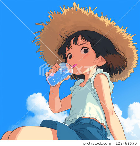 炎熱夏日女孩喝水 128462559