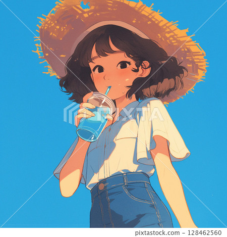 炎熱夏日女孩喝水 128462560