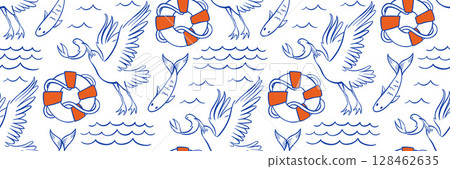Doodle marine pattern with seagull, sardine, lifebuoy and waves. Background for textiles, packaging, kids product. Hand drawn blue vector illustration with whimsical ocean mood and coastal charm. Doodle marine pattern with seagull, sardine, lifebuoy and waves. Background for textiles, packaging, kids product. Hand drawn blue vector illustration with whimsical ocean mood and coastal charm. 128462635