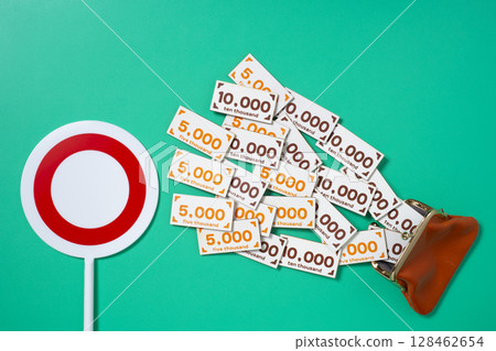 Image of profit with a round placard, a toy wallet and money 128462654
