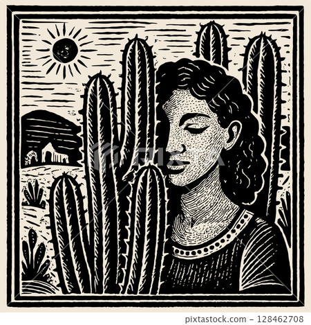 Woman among cacti. Brazilian northeast woodcut illustration. Cordel style 128462708