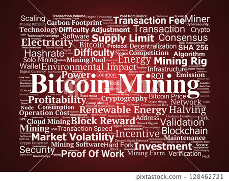 Bitcoin Mining Word Cloud. Key Concepts Behind Digital Mining Infrastructure and Rewards Bitcoin Mining Word Cloud. Key Concepts Behind Digital Mining Infrastructure and Rewards 128462721