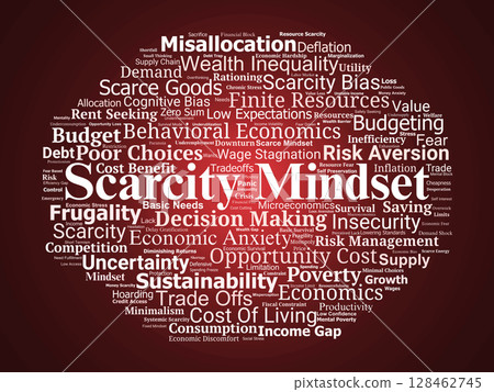 Scarcity Mindset Word Cloud. Core Economic Ideas Behind Limitation Thinking Scarcity Mindset Word Cloud. Core Economic Ideas Behind Limitation Thinking 128462745