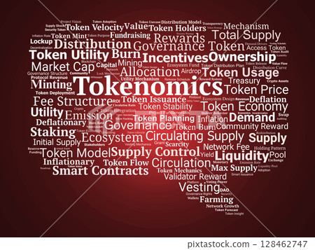 Tokenomics Word Cloud. Key Concepts Behind Crypto Token Supply and Distribution Models Tokenomics Word Cloud. Key Concepts Behind Crypto Token Supply and Distribution Models 128462747
