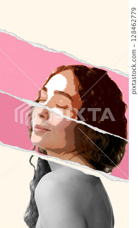Collage portrait of young woman with curly hair and peaceful expression on torn pastel background 128462779