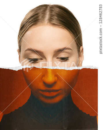Dual-tone collage portrait of woman with lowered gaze and introspective emotion Dual-tone collage portrait of woman with lowered gaze and introspective emotion 128462783