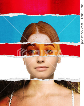 Conceptual collage portrait of woman with layered textures and thoughtful neutral expression Conceptual collage portrait of woman with layered textures and thoughtful neutral expression 128462784