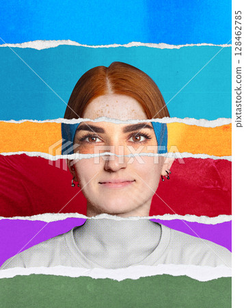 Collage portrait of young woman with red hair and confident gaze layered with colorful textures Collage portrait of young woman with red hair and confident gaze layered with colorful textures 128462785