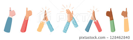 Diverse hands set in colorful flat style. Raised gestures and claps symbolize teamwork and solidarity. Hands together highlight applause celebration. Vibrant abstract set of gestures reflects unity 128462840