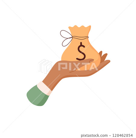 Hand holding money sack sticker. Gesture of giving cash in palm. Financial concept, flat style, potential for business and economy applications. 128462854