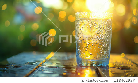 一杯在傍晚的燈光下閃閃發光的冷飲，享受夏日的清爽時光 128462957