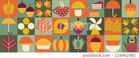 Autumn geometric mosaic background bauhaus pattern. Modern figure, shape and autumn elements. Scandinavian. Minimalistic elements for design, contemporary natural organic harvest. Autumn geometric mosaic background bauhaus pattern. Modern figure, shape and autumn elements. Scandinavian. Minimalistic elements for design, contemporary natural organic harvest. 128462992