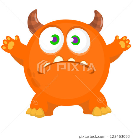 Cartoon cute monster with funny excited face expression waving hands . Vector illustration isolated on white. Halloween design 128463093