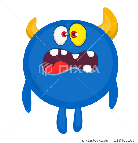 Cartoon cute monster with funny excited face expression waving hands . Vector illustration isolated on white. Halloween design 128463105