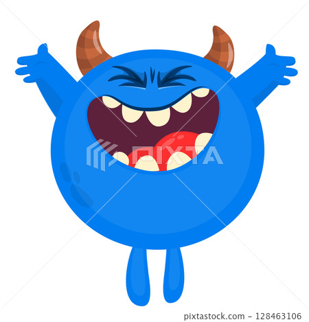 Cartoon cute monster with funny excited face expression waving hands . Vector illustration isolated on white. Halloween design 128463106