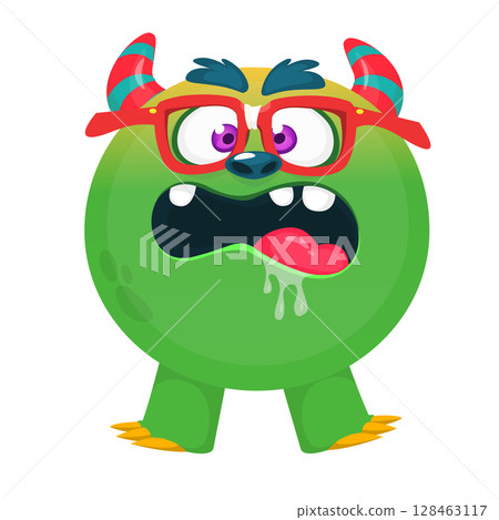 Cartoon cute monster with funny excited face expression waving hands . Vector illustration isolated on white. Halloween design 128463117