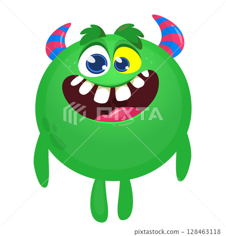 Cartoon cute monster with funny excited face expression waving hands . Vector illustration isolated on white. Halloween design 128463118