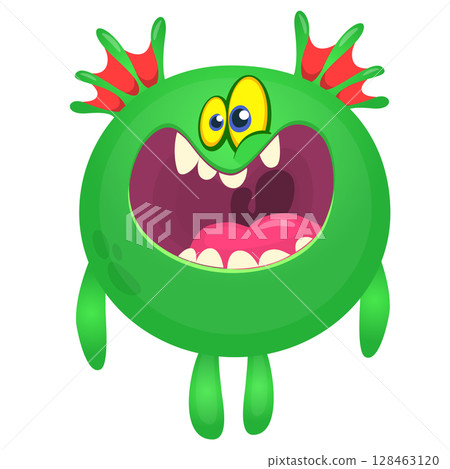 Cartoon cute monster with funny excited face expression waving hands . Vector illustration isolated on white. Halloween design 128463120