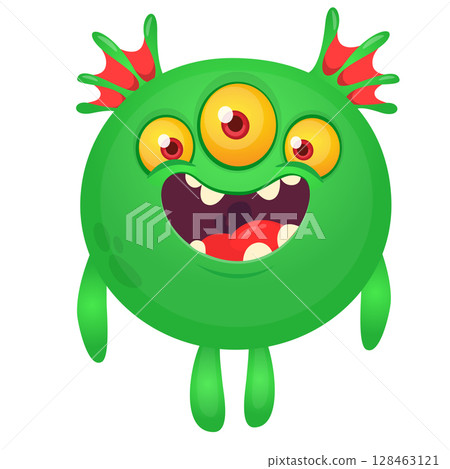 Cartoon cute monster with funny excited face expression waving hands . Vector illustration isolated on white. Halloween design Cartoon cute monster with funny excited face expression waving hands . Vector illustration isolated on white. Halloween design 128463121