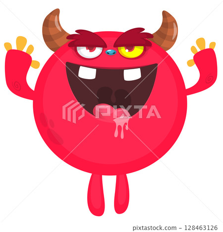 Cartoon cute monster with funny excited face expression waving hands . Vector illustration isolated on white. Halloween design Cartoon cute monster with funny excited face expression waving hands . Vector illustration isolated on white. Halloween design 128463126