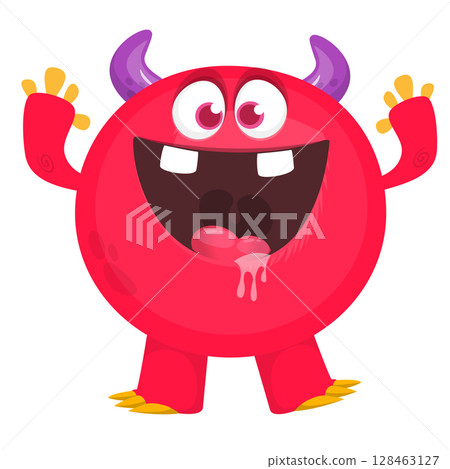 Cartoon cute monster with funny excited face expression waving hands . Vector illustration isolated on white. Halloween design Cartoon cute monster with funny excited face expression waving hands . Vector illustration isolated on white. Halloween design 128463127