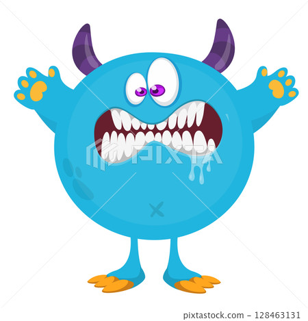 Cartoon cute monster with funny excited face expression waving hands . Vector illustration isolated on white. Halloween design 128463131
