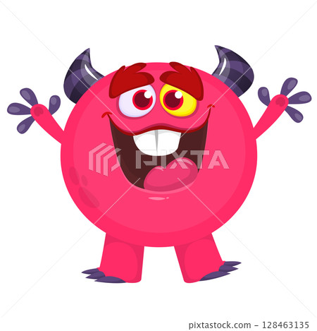 Cartoon cute monster with funny excited face expression waving hands . Vector illustration isolated on white. Halloween design 128463135
