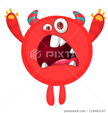 Cartoon cute monster with funny excited face expression waving hands . Vector illustration isolated on white. Halloween design 128463147