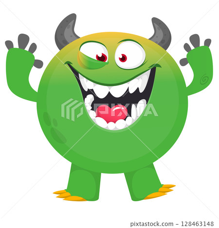 Cartoon cute monster with funny excited face expression waving hands . Vector illustration isolated on white. Halloween design 128463148