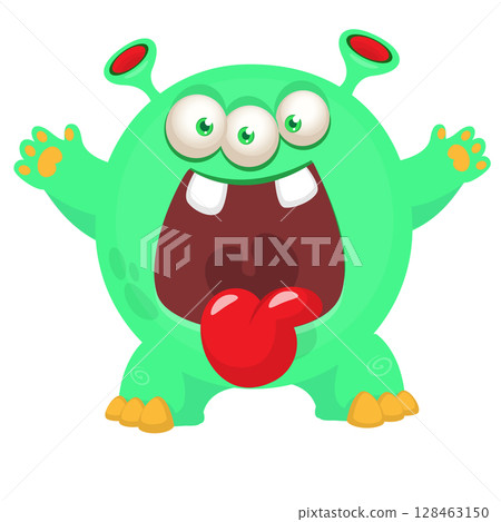 Cartoon cute monster with funny excited face expression waving hands . Vector illustration isolated on white. Halloween design 128463150