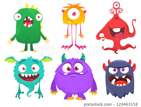 Funny cartoon monsters with different face expressions. Set of cartoon vector happy monsters characters. Halloween design for party decoration, package design Funny cartoon monsters with different face expressions. Set of cartoon vector happy monsters characters. Halloween design for party decoration, package design 128463158
