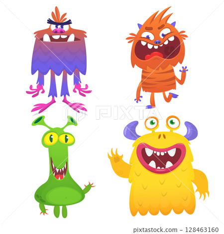 Funny cartoon monsters with different face expressions. Set of cartoon vector happy monsters characters. Halloween design for party decoration,  package design 128463160