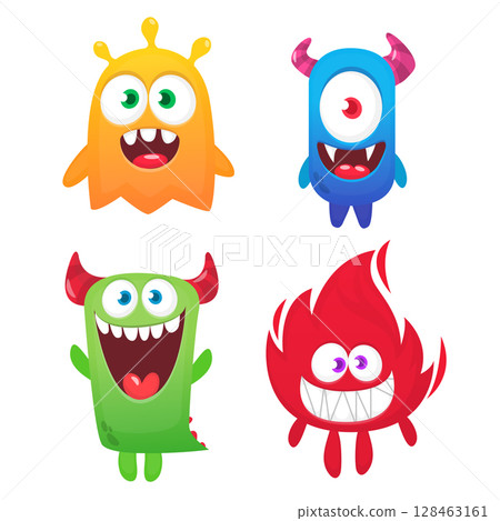 Funny cartoon monsters with different face expressions. Set of cartoon vector happy monsters characters. Halloween design for party decoration,  package design 128463161