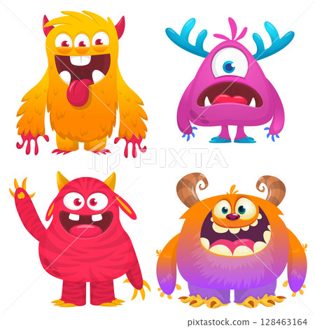 Funny cartoon monsters with different face expressions. Set of cartoon vector happy monsters characters. Halloween design for party decoration,  package design 128463164