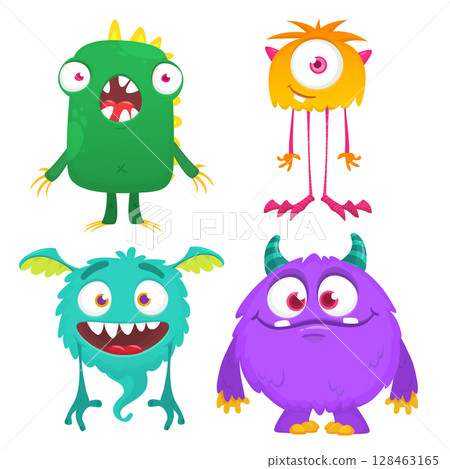 Funny cartoon monsters with different face expressions. Set of cartoon vector happy monsters characters. Halloween design for party decoration,  package design 128463165