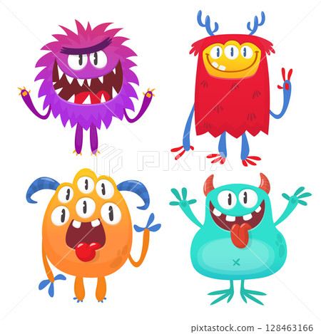 Funny cartoon monsters with different face expressions. Set of cartoon vector happy monsters characters. Halloween design for party decoration, package design Funny cartoon monsters with different face expressions. Set of cartoon vector happy monsters characters. Halloween design for party decoration, package design 128463166