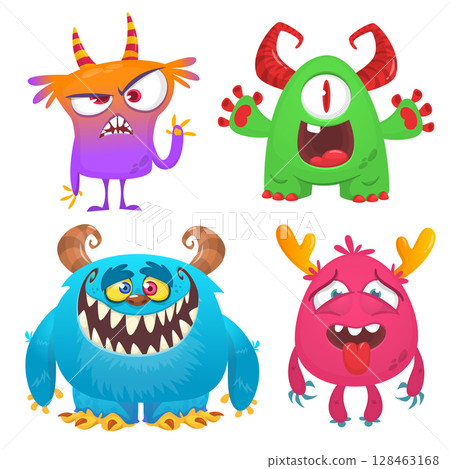 Funny cartoon monsters with different face expressions. Set of cartoon vector happy monsters characters. Halloween design for party decoration,  package design 128463168