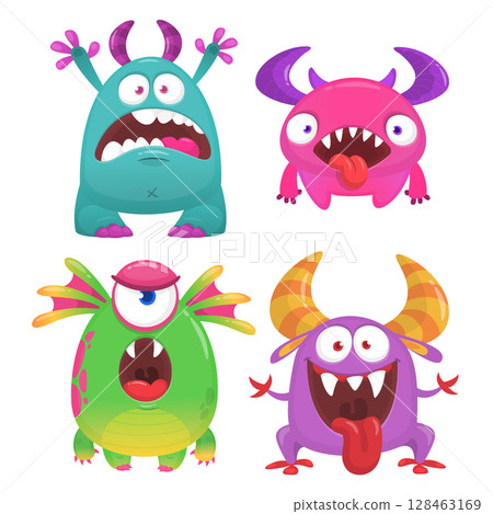 Funny cartoon monsters with different face expressions. Set of cartoon vector happy monsters characters. Halloween design for party decoration, package design Funny cartoon monsters with different face expressions. Set of cartoon vector happy monsters characters. Halloween design for party decoration, package design 128463169