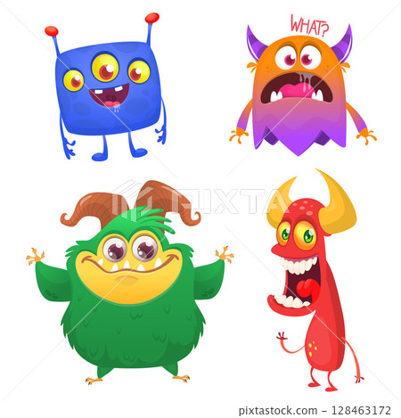 Funny cartoon monsters with different face expressions. Set of cartoon vector happy monsters characters. Halloween design for party decoration,  package design 128463172