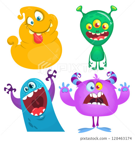 Funny cartoon monsters with different face expressions. Set of cartoon vector happy monsters characters. Halloween design for party decoration,  package design 128463174